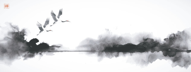 Ink painting of cranes flying over misty water in monochrome ink wash style. Traditional Japanese ink wash painting sumi-e. Translation of hieroglyph - zen - obrazy, fototapety, plakaty