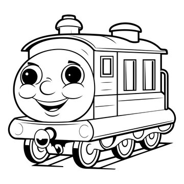 Black and White Cartoon Illustration of Funny Steam Train Character for Coloring Book