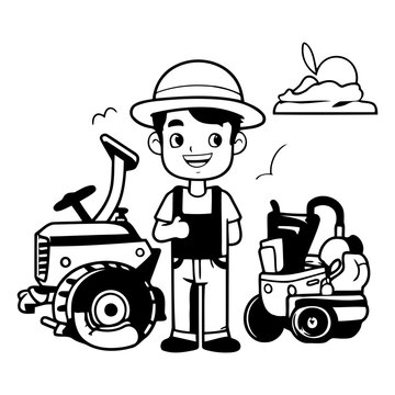Cartoon farmer with tractor and lawnmower.
