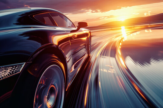An abstract view of a luxury car driving on a bridge at sunset