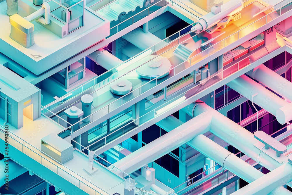 Poster an abstract view of a medical laboratory, with a network of escalators and walkways connecting diffe