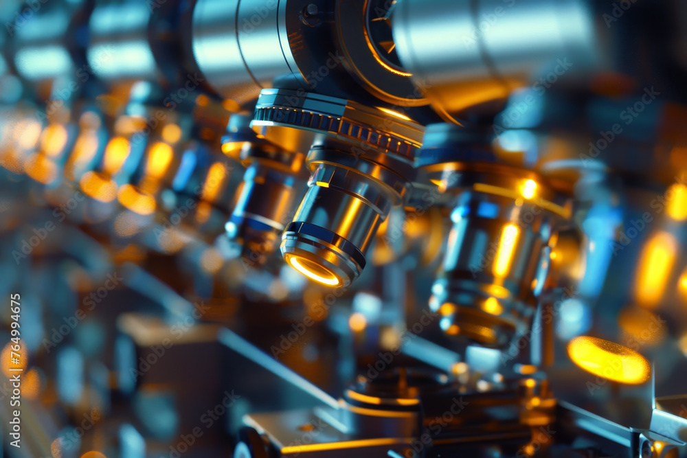 Poster an abstract view of a medical laboratory with rows of high-tech microscopes