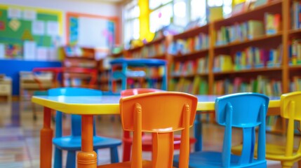 Vibrant kindergarten school background: colorful blur library setting