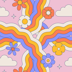 70s groovy seamless pattern with vintage daisy or chamomile groovy flowers. Psychedelic floral background with wavy rainbows. Fun hippy texture for surface design, wallpaper, paper. Vector
