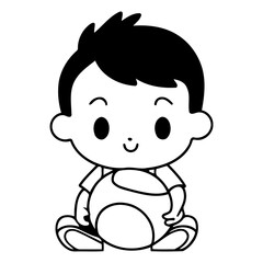 cute baby boy sitting and playing soccer cartoon vector illustration graphic design