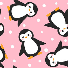 Pastel pink penguins cute seamless winter pattern for baby girl and boy, fabric and textile kawaii print, gift wrapping paper colorful kids design