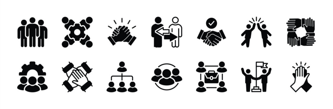 Business teamwork icon vector set. Containing team working together, partnership, work group, agreement, handshake, help, alliance, structure hierarchy, collaboration, co-worker, cooperation.