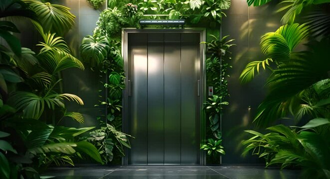 Elevator doors opening to a lush, hidden jungle