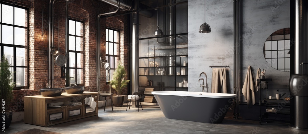 Poster a close-up image showing a bathtub placed in a large room with natural light filtering through a win