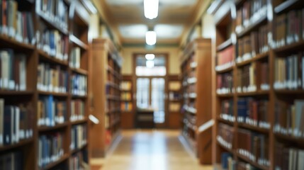 Obraz premium Enigmatic ambiance: blurred college library interior with bookshelves and classroom, ideal for conceptual 