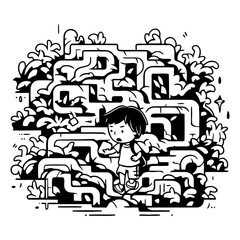 Little boy playing in labyrinth. Game for kids. Maze conundrum