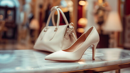A white leather stiletto shoe and a coordinating handbag rest elegantly on a marble table within a luxury goods store. - obrazy, fototapety, plakaty