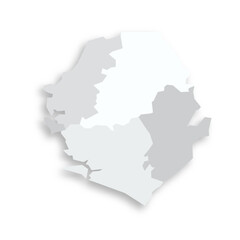 Sierra Leone political map of administrative divisions - provinces and one area. Grey blank flat vector map with dropped shadow.