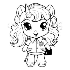 Black and White Cartoon Illustration of Cute Unicorn Fantasy Character for Coloring Book
