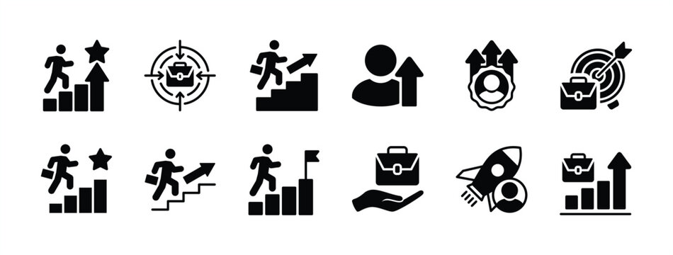 Businessman climbing icon set. Containing growing and target business, career, startup, promoted, success, progress, leadership, advancement, improve achievement. vector illustration