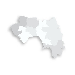 Guinea political map of administrative divisions - regions. Grey blank flat vector map with dropped shadow.
