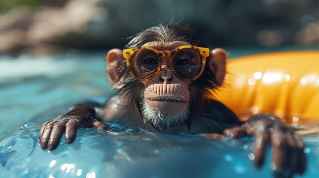 Portrait of a funny monkey in sunglasses swimming in pool at summer