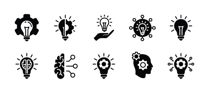 Creative business innovation icon set. Light bulb with cog, lamp with brain. Containing idea, solution, inspiration, creativity, intelligence, imagination, thinking, invention. Vector illustration
