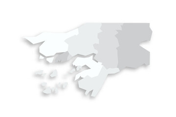 Guinea-Bissau political map of administrative divisions - regions and autonomous sector of Bissau. Grey blank flat vector map with dropped shadow.