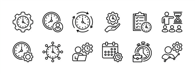 Time management business thin line icon set. Containing schedule, deadline, clock, timer, hourglass, efficiency, timekeeper, list target productivity working gear settings. Vector illustration