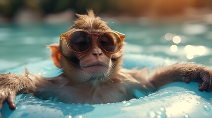 Portrait of a funny monkey in sunglasses swimming in pool at summer