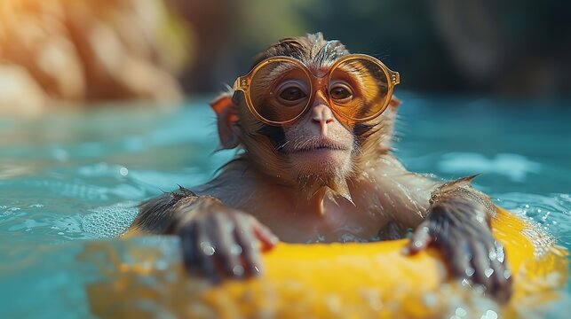 Portrait of a funny monkey in sunglasses swimming in pool at summer