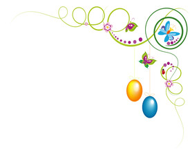 Easter background with colorful eggs and spring green plants.