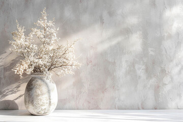 White acacia in a ceramic vase in front of a light gray wall with a soft pink tint. - obrazy, fototapety, plakaty