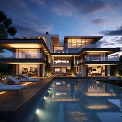Fototapeta premium Impressive modern mansion with pool at dusk . Natural Landscape 