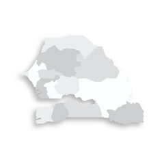 Senegal political map of administrative divisions - regions. Grey blank flat vector map with dropped shadow.