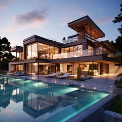 Fototapeta premium Impressive modern mansion with pool at dusk . Natural Landscape 