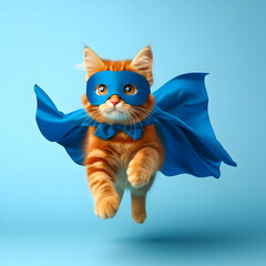 Obraz premium superhero cat, Cute orange tabby kitty with a blue cloak and mask jumping and flying on light blue background with copy space. Cat, animal,kitten,super hero, flying,illustration, Ai generated 