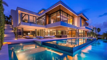 Fototapeta premium Impressive modern mansion with pool at dusk . Natural Landscape 
