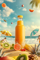 Advertising image of a bottle of fruit drink on the beach. Summer panorama, cold drink....