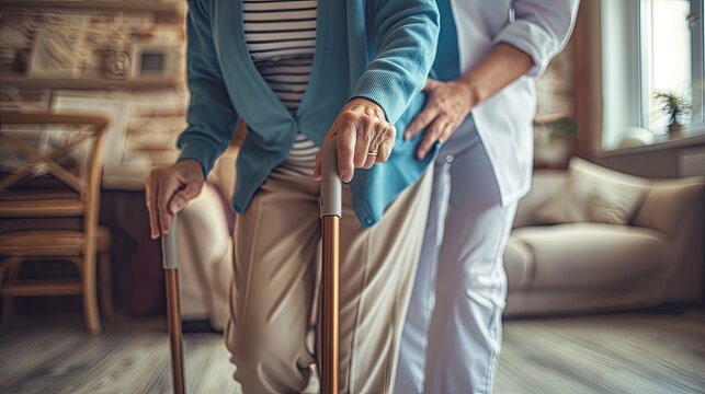 a nurse aids an elderly woman in standing up, their hands firmly gripping her walking stick, both dressed in a blue uniform and beige sweater with black stripes.