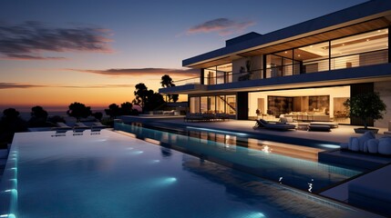 Impressive modern mansion with pool at dusk . Natural Landscape
