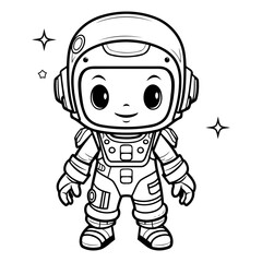 Cute astronaut in space suit. Black and white vector illustration.