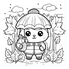 Coloring book for children: cute hedgehog with a bag of leaves