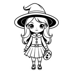 Cute little witch girl in black and white vector illustration graphic design