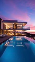 Fototapeta premium Impressive modern mansion with pool at dusk . Natural Landscape 