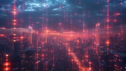 Obraz premium Network: A futuristic cityscape with glowing lines representing digital networks