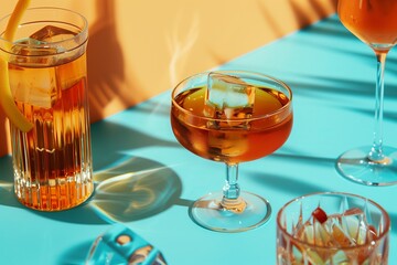 Fancy whiskey cocktails sitting on a colorful pastel bar top, with vibrant colors in 90s style.