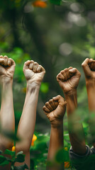 fists of different ages and ethnicities up symbolize