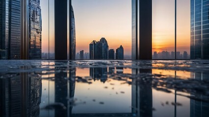 Fototapeta premium skyscraper, urban, skyline, office, building, reflecting, city, lights, sunset, architecture, downtown, modern, reflection, twilight, evening, windows, highrise, urbanization, cityscape, glow, dusk, m
