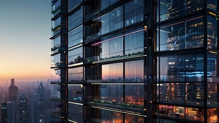 Urban Night Glow: A vibrant cityscape with skyscrapers illuminating the night sky, bustling with street lights and office buildings, capturing the essence of a lively metropolitan scene