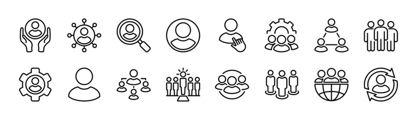 Human resource thin line icon set. Containing leadership, people, employee, manager, teamwork, partnership, recruitment, group, organisation, global connection business management. Vector illustration