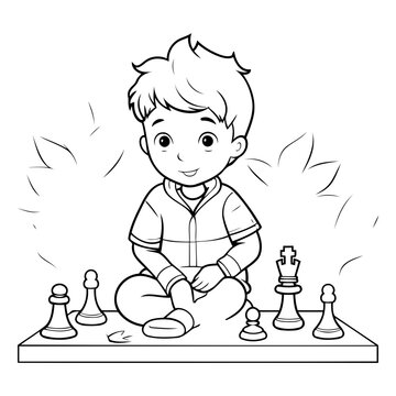 Coloring Page Outline Of a Little Boy Playing Chess Vector Illustration