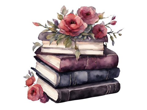 Stack of books with dark pink rose flowers on top of them in a boho goth cottagecore watercolor painting illustration style