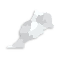Morocco political map of administrative divisions - regions. Grey blank flat vector map with dropped shadow.