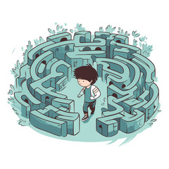 Little boy trying to find way out of maze.